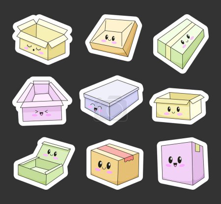 Illustration for Cute delivery box characters. Sticker Bookmark. Shipping and packaging. Vector drawing. Collection of design elements. - Royalty Free Image