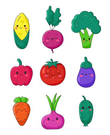 Illustration for Funny cartoon vegetable characters. Healthy food and harvest. Vegetable kawaii. Hand drawn style. Vector drawing. Collection of design elements. - Royalty Free Image