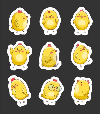Illustration for Cute cartoon little chicken. Sticker Bookmark. Easter bird symbol. Farm animals. Vector drawing. Collection of design elements. - Royalty Free Image