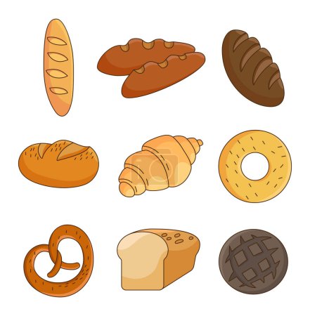 Illustration for Bakery product. Bread, loaf, baguette, pie, bun. Hand drawn style. Vector drawing. Collection of design elements. - Royalty Free Image