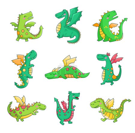 Illustration for Happy funny green dragon. Cute character. Fairytale monsters. Hand drawn style. Vector drawing. Collection of design elements. - Royalty Free Image