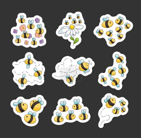 Illustration for Cute cartoon hive. Bumblebee. Sticker Bookmark. Bee flying on a dotted route. Insect character. Hand drawn style. Vector drawing. Collection of design elements. - Royalty Free Image
