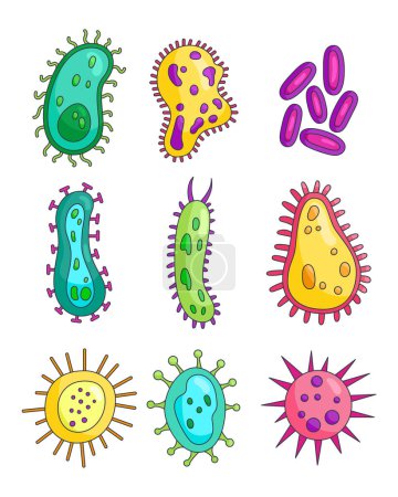 Illustration for Different types of viruses. Bacteria, biological microorganism, good and bad microbiota. Hand drawn style. Vector drawing. Collection of design elements. - Royalty Free Image