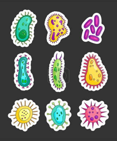 Illustration for Different types of viruses. Sticker Bookmark. Bacteria, biological microorganism, good and bad microbiota. Hand drawn style. Vector drawing. Collection of design elements. - Royalty Free Image