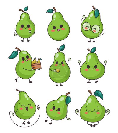 Illustration for Cute kawaii pear. Nice pears cartoon characters in different poses. Hand drawn style. Vector drawing. Collection of design elements. - Royalty Free Image