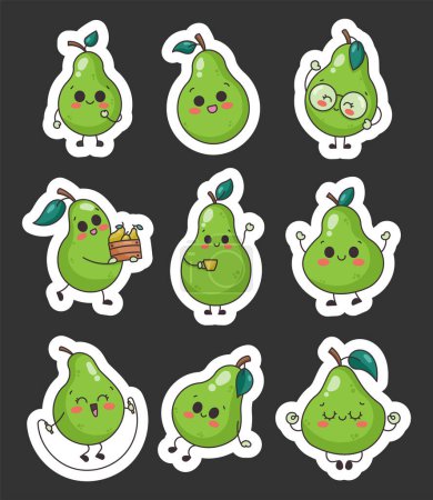 Illustration for Cute kawaii pear. Sticker Bookmark. Nice pears cartoon characters in different poses. Hand drawn style. Vector drawing. Collection of design elements. - Royalty Free Image