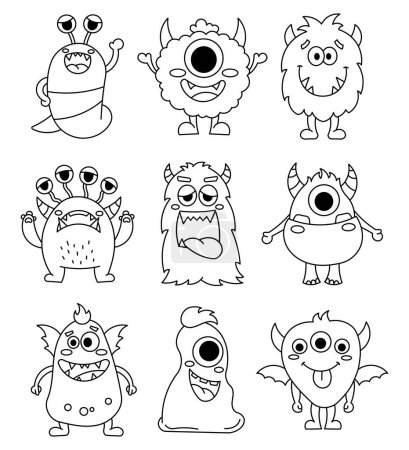 Illustration for Funny cartoon monster character. Coloring Page. Cute monsters for halloween. Happy creature or alien. Hand drawn style. Vector drawing. Collection of design elements. - Royalty Free Image
