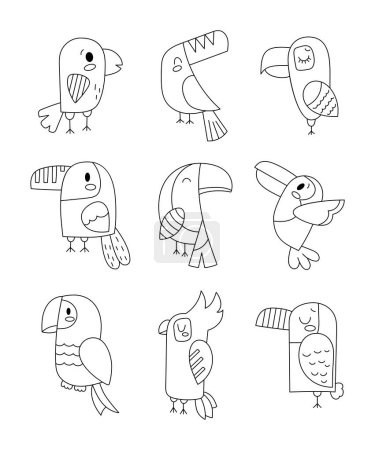 Illustration for Cute parrot cartoon character. Funny tropical bird. Coloring Page. Vector drawing. Collection of design elements. - Royalty Free Image