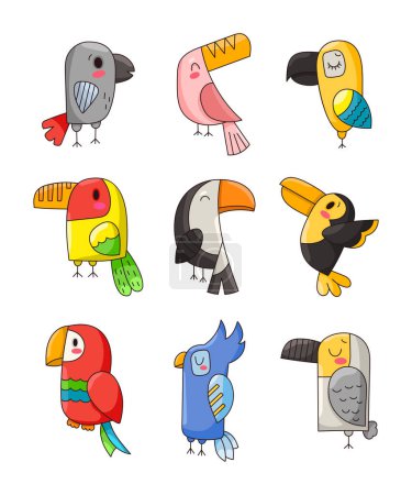 Illustration for Cute parrot cartoon character. Funny tropical bird. Vector drawing. Collection of design elements. - Royalty Free Image