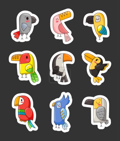Illustration for Cute parrot cartoon character. Funny tropical bird. Sticker Bookmark. Vector drawing. Collection of design elements. - Royalty Free Image