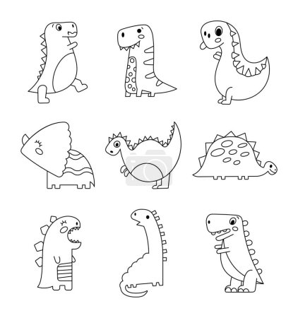 Illustration for Funny cartoon dinosaurs. Cute Dino character. Coloring Page. Hand drawn style. Vector drawing. Collection of design elements. - Royalty Free Image