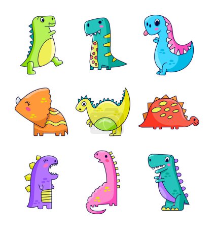 Illustration for Funny cartoon dinosaurs. Cute Dino character. Hand drawn style. Vector drawing. Collection of design elements. - Royalty Free Image