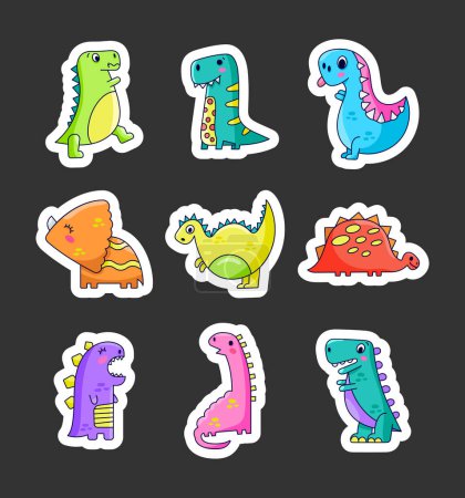 Illustration for Funny cartoon dinosaurs. Cute Dino character. Sticker Bookmark. Hand drawn style. Vector drawing. Collection of design elements. - Royalty Free Image