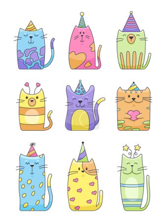 Illustration for Cartoon festive cats in party hats. Funny hand drawn style. Celebration, birthday. Vector drawing. Collection of design elements. - Royalty Free Image