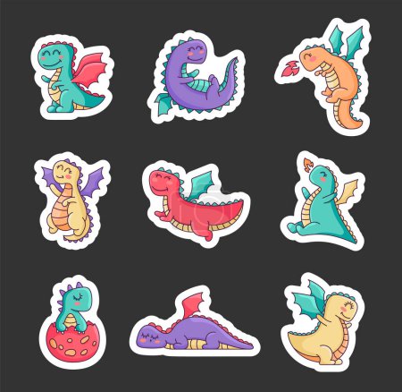 Illustration for Happy funny dragon. Sticker Bookmark. Cute character. Fairytale monsters. Hand drawn style. Vector drawing. Collection of design elements. - Royalty Free Image