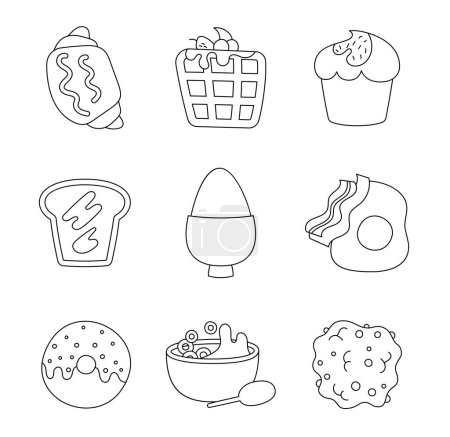 Illustration for Breakfast morning. Coloring Page. Toast, egg, croissant, donut, waffle, milk. Food menu. Hand drawn style. Vector drawing. Collection of design elements. - Royalty Free Image
