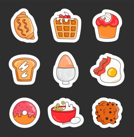 Illustration for Breakfast morning. Sticker Bookmark. Toast, egg, croissant, donut, waffle, milk. Food menu. Hand drawn style. Vector drawing. Collection of design elements. - Royalty Free Image