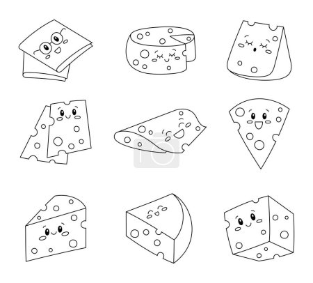 Illustration for Cute kawaii cheese. Coloring Page. Funny happy food characters. Childrens restaurant menu. Hand drawn style. Vector drawing. Collection of design elements. - Royalty Free Image