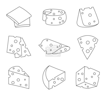 Illustration for Slices and slicing of cheese. Coloring Page. Parmesan, mozzarella, hollandaise, ricotta, a piece of different types. Hand style. Vector drawing. Collection of design elements. - Royalty Free Image