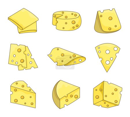 Rebanadas y rebanadas de queso. Parmesano, mozzarella, holandesa, ricotta, una pieza de diferentes tipos. Estilo de mano. Dibujo vectorial. Colección de elementos de diseño.