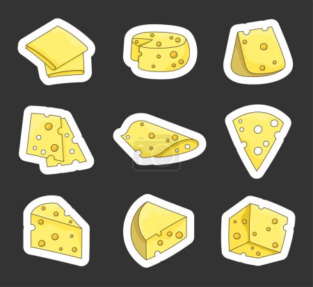 Illustration for Slices and slicing of cheese. Sticker Bookmark. Parmesan, mozzarella, hollandaise, ricotta, a piece of different types. Hand style. Vector drawing. Collection of design elements. - Royalty Free Image