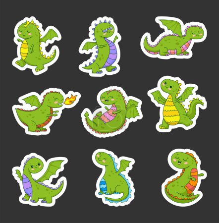 Illustration for Happy funny green dragon. Sticker Bookmark. Cute character. Fairytale monsters. Hand drawn style. Vector drawing. Collection of design elements. - Royalty Free Image