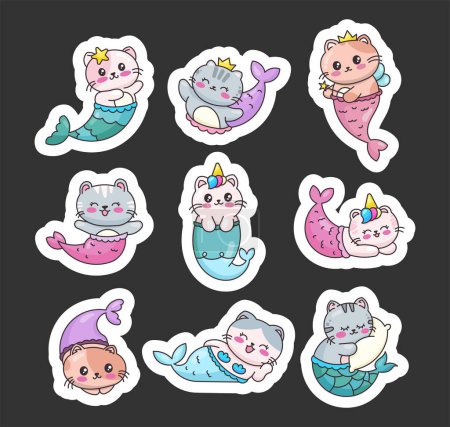 Illustration for Cute cat mermaid character. Sticker Bookmark. Beautiful cartoon kitty unicorn. Fantastic creatures in hand drawn style. Vector drawing. Collection of design elements. - Royalty Free Image