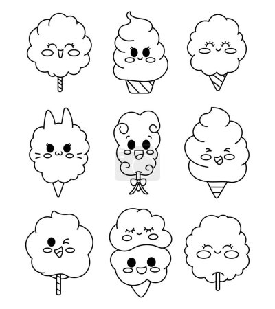 Illustration for Cotton candy characters. Coloring Page. Sweet sugar dessert food for kids. Cute kawaii food with cartoon faces. Hand drawn style. Vector drawing. Collection of design elements. - Royalty Free Image