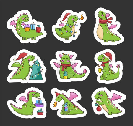 Illustration for Happy funny green dragon. Happy New Year. Sticker Bookmark. Cute character. Fairytale monsters. Hand drawn style. Vector drawing. Collection of design elements. - Royalty Free Image