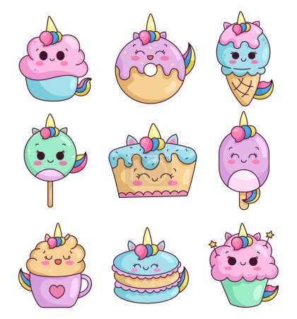 Illustration for Cute kawaii unicorn food and dessert. Cupcakes, birthday cake, lollipop, ice cream and coffee. Happy characters. Kids party and celebration. Vector drawing. Collection of design elements. - Royalty Free Image