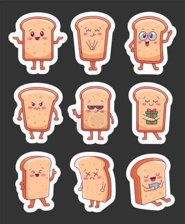 Illustration for Funny happy toast characters. Sticker Bookmark. Cute cartoon sliced baked bread with smiley face. Hand drawn style. Vector drawing. Collection of design elements. - Royalty Free Image