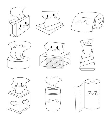 Illustration for Cute cartoon napkin characters. Coloring Page. Kawaii rolls of toilet paper with a smiling face. Hand drawn style. Vector drawing. Collection of design elements. - Royalty Free Image