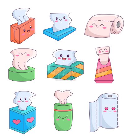 Illustration for Cute cartoon napkin characters. Kawaii rolls of toilet paper with a smiling face. Hand drawn style. Vector drawing. Collection of design elements. - Royalty Free Image
