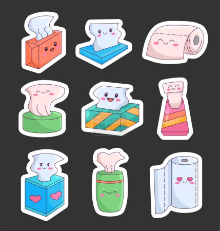 Illustration for Cute cartoon napkin characters. Sticker Bookmark. Kawaii rolls of toilet paper with a smiling face. Hand drawn style. Vector drawing. Collection of design elements. - Royalty Free Image