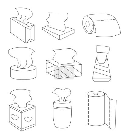 Illustration for Napkin and toilet paper. Coloring Page. Tissue box with a sheet half pulled out. Hand drawn style. Vector drawing. Collection of design elements. - Royalty Free Image