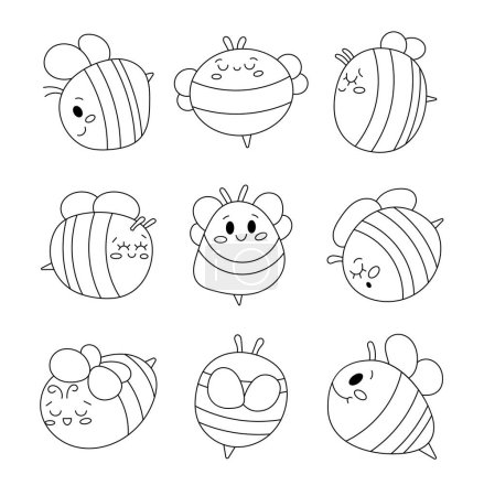 Illustration for Cute cartoon bee characters. Coloring Page. Honeybee with a smiling face. Hand drawn style. Vector drawing. Collection of design elements. - Royalty Free Image