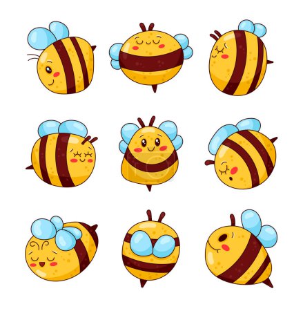Ilustración de Lindos personajes de abejas de dibujos animados. Abeja con una cara sonriente. Estilo dibujado a mano. Dibujo vectorial. Colección de elementos de diseño. - Imagen libre de derechos