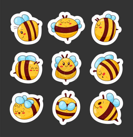 Téléchargez les illustrations : Personnages d'abeilles de dessin animé mignon. Sticker Signet. abeille avec un visage souriant. Style dessiné à la main. Le dessin vectoriel. Collection d'éléments de design. - en licence libre de droit