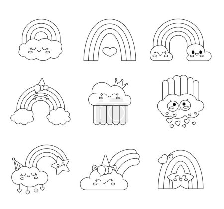 Illustration for Cute kawaii cloud and rainbow cartoon characters. Coloring Page. Smiling face emotion. Hand drawn style. Vector drawing. Collection of design elements. - Royalty Free Image