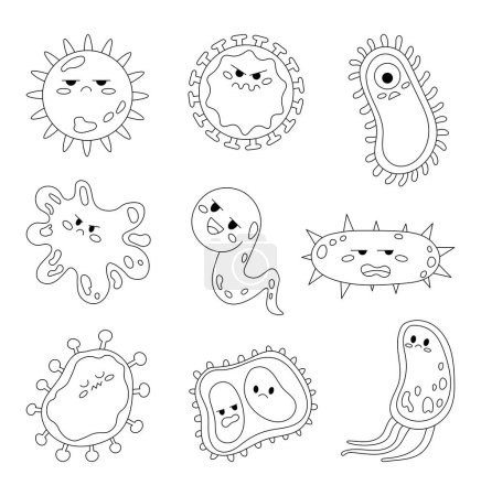 Téléchargez les illustrations : Bactéries et virus Kawaii caractères avec des émotions différentes. Coloriage. Microbes drôles de dessins animés. Style dessiné à la main. Le dessin vectoriel. Collection d'éléments de design. - en licence libre de droit