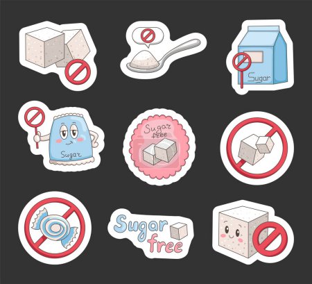 Illustration for Items and characters sugar free. Sticker Bookmark. No added. Healthy food concept. Proper diet, good nutrition. Hand drawn style. Vector drawing. Collection of design elements. - Royalty Free Image