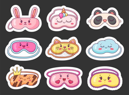 Illustration for Cute sleeping masks. Sticker Bookmark. Kawaii eyes, panda, cloud, bunny and cat faces. Sweet dream. Hand drawn style. Vector drawing. Collection of design elements. - Royalty Free Image