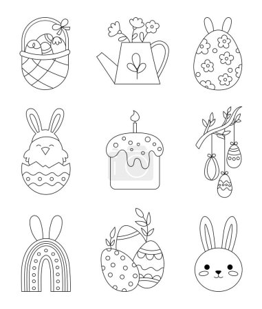 Illustration for Items and characters Easter. Coloring Page. Bunny, chick, eggs and flowers. Hand drawn style. Vector drawing. Collection of design elements. - Royalty Free Image