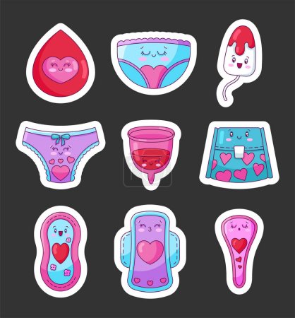 Illustration for Kawaii feminine hygiene characters. Sticker Bookmark. Cartoon drop, panties, tampon, menstrual cup, female pad. Hand drawn style. Vector drawing. Collection of design elements. - Royalty Free Image