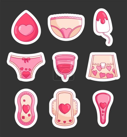 Illustration for Gynecological feminine hygiene products. Sticker Bookmark. Drop, panties, tampon, menstrual cup, female pad. Hand drawn style. Vector drawing. Collection of design elements. - Royalty Free Image