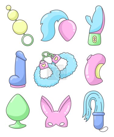 Illustration for Adult toys, anal plugs, vibrator, dildo and mask, whip. Sex shop. Good vibes only. Hand drawn style. Vector drawing. Collection of design elements. - Royalty Free Image
