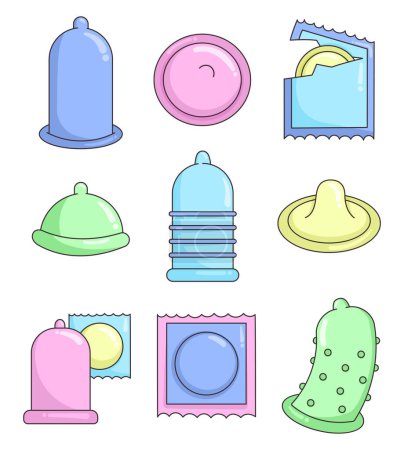 Illustration for Different condoms. Contraception and birth control methods concept. Safe sex. Hand drawn style. Vector drawing. Collection of design elements. - Royalty Free Image