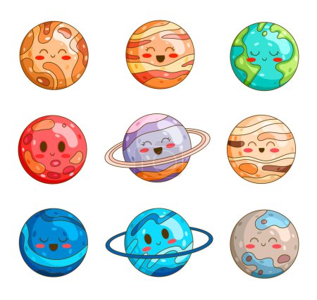 Illustration for Cute cartoon smiling planets. Solar system. Kawaii astronomical characters. Hand drawn style. Vector drawing. Collection of design elements. - Royalty Free Image