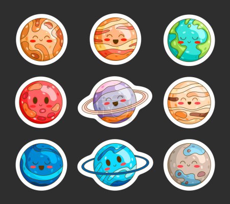Illustration for Cute cartoon smiling planets. Sticker Bookmark. Solar system. Kawaii astronomical characters. Hand drawn style. Vector drawing. Collection of design elements. - Royalty Free Image