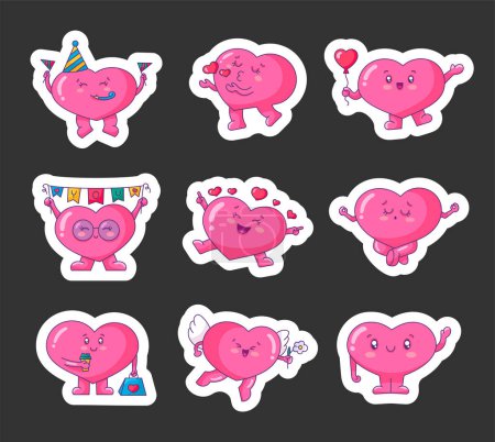 Illustration for Funny cartoon heart in different poses. Sticker Bookmark. Kawaii characters. Happy valentines day concept. Hand drawn style. Vector drawing. Collection of design elements. - Royalty Free Image